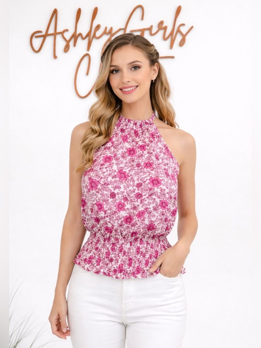 Sienna Sky Pink & White Floral Halter Smocked Tank